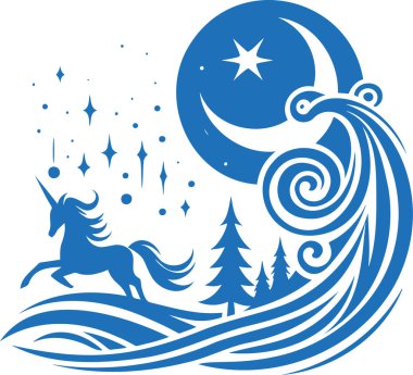 Blue Silhouette of a Unicorn in a Mystical Night Scene with Moon and Stars clipart