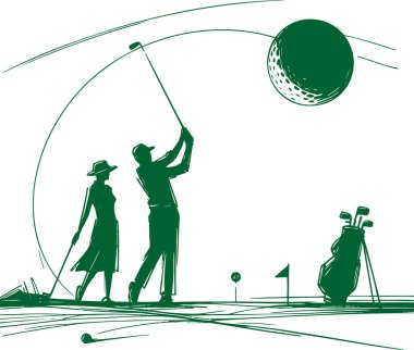 Golfers Playing on a Course in Green Sketch Style clipart