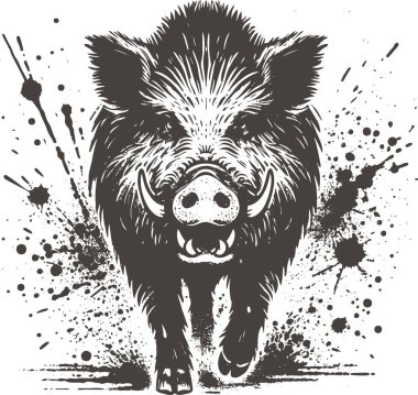 Wild Boar Charging Forward in Ink Splash Art Style clipart