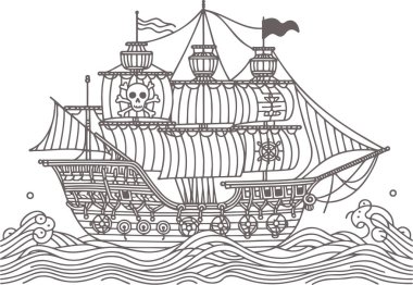 Detailed Line Art of a Pirate Ship on the Ocean Waves clipart