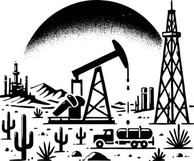 Oil Extraction in Desert Landscape Monochrome Illustration clipart