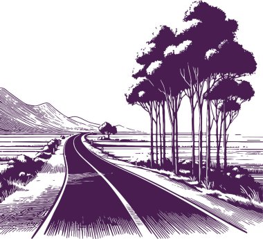 Winding Asphalt Road Through a Rural Landscape with a Mountain Range in the Distance clipart