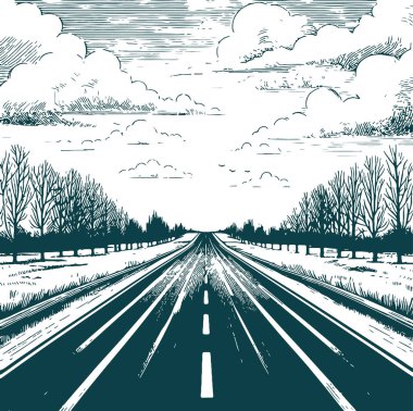 Winter Highway Through Forest Avenue Woodcut Style Illustration clipart