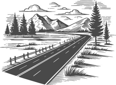 Mountain Road with Pine Trees and Fence in Engraving Style clipart