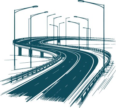 Curved Elevated Highway with Streetlights in Technical Sketch Style clipart