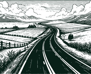 Rural Highway Through Farmland With Mountains Line Art Drawing clipart