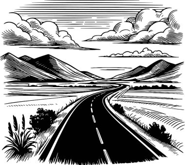 Curved Mountain Highway Through Valley Hand Drawn Line Art Illustration clipart