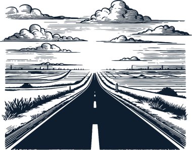 Empty Highway Through Plains Hand Drawn Line Technique Perspective clipart