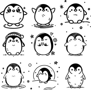 Hand Drawn Cute Baby Penguins Collection in Minimalist Doodle Art Style clipart