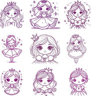 Sweet Purple Line Art Princess Characters in Kawaii Doodle Collection clipart