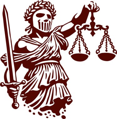 Korkunç bir maske takmış Kılıç ve Ölçekli Bayan Adalet.