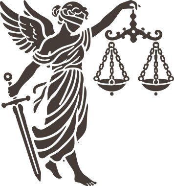 Siluet tarzında kılıç ve pullarla gözü bağlı Bayan Adalet.