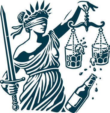 Blindfolded Lady Justice with Sword Scales and Drinks in Vector Stencil Style clipart