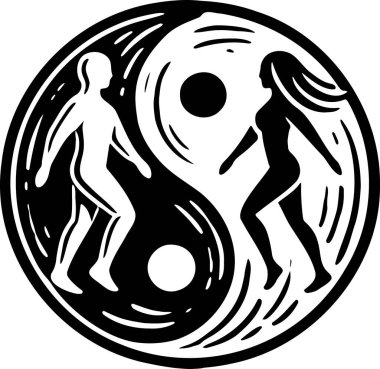 Yin Yang Symbol with Male and Female Figures in Stylized Graphic Art clipart