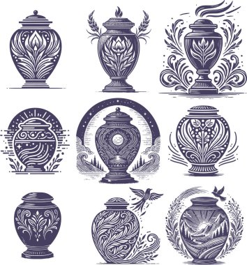 Decorative Floral and Nature Themed Urns in Vintage Engraving Style clipart