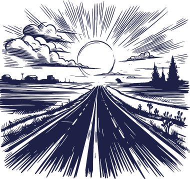 Sunset Over a Country Road in a Detailed Line Art Style clipart