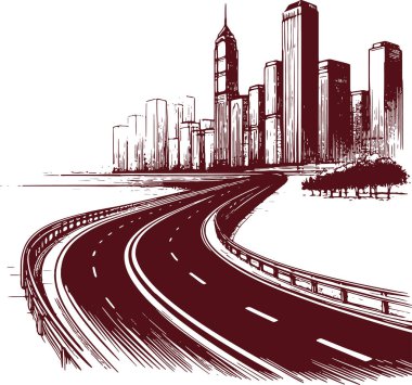 Ayrıntılı Teknik Çizim Biçiminde Eğri Otoyol ile Kentsel Skyline