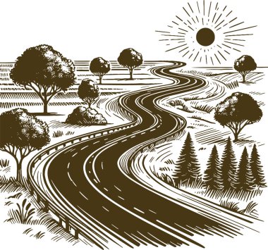 Winding Road Through Countryside with Trees in Detailed Engraving Style clipart