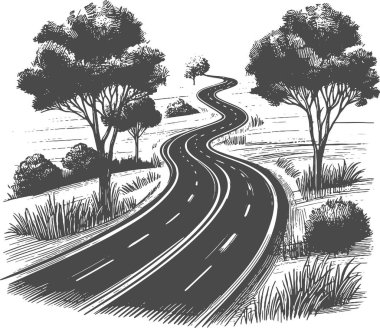 Ayrıntılı Çizim Biçiminde Ağaçlarla Kırsal Bölgeden Geçiş Yolu