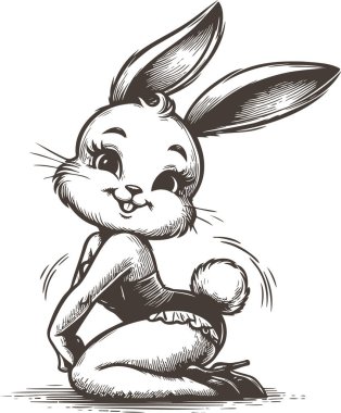 Vintage-style illustration of a cute bunny in a playful pose clipart