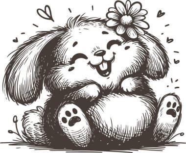 Adorable fluffy rabbit with a flower on his head in sketch style clipart