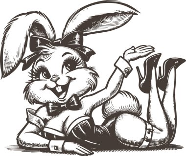 Retro Pin-Up Biçimli Çizimde Antropomorfik Tavşan