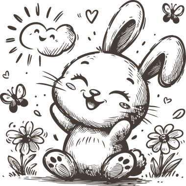 Happy Bunny Surrounded by Nature in Sketch Art Style clipart