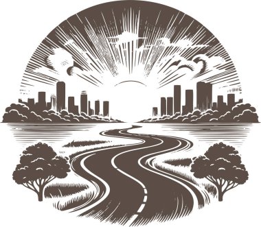 Gündoğumu Şehir üzerinde Skyline ile Winding Road Retro Art Style