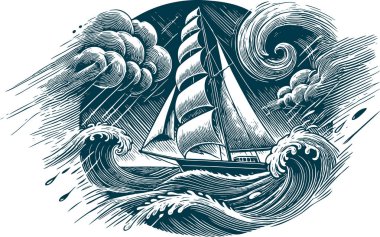 Yelkenli Gemi Savaşan Fırtına Dalgaları Woodcut Stili Denizcilik Çizimi