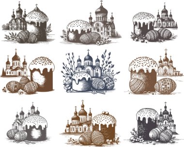 Set of vintage illustrations of Easter cake and painted eggs on the background of the church clipart