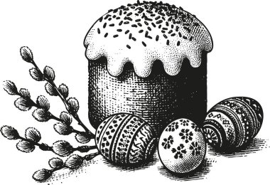 Simple monochrome stencil of Easter kulich and holiday eggs clipart