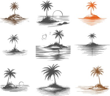 Collection Of Nine Hand Drawn Tropical Island Sketches Set clipart