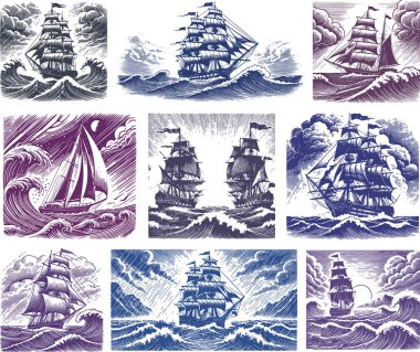 Vintage Nautical Maritime Sailing Ships Engraving Artistic Collection clipart