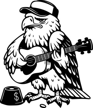 Kep takmış üzgün bir kartal gitar çalıyor ve resim yaparak para kazanıyor.
