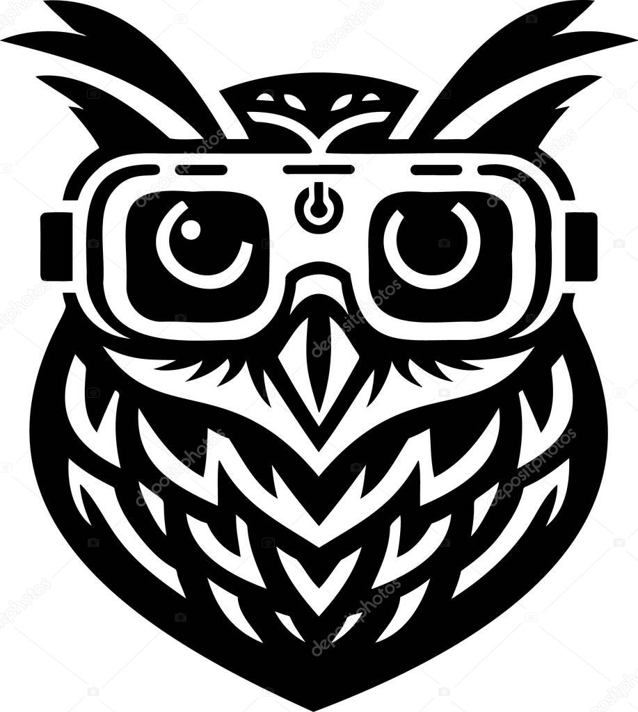 This image features a stylized owl adorned with VR goggles, crafted in a vector art style. The owl's intricate geometric design and sharp lines lend it a futuristic and technological aesthetic. The VR goggles symbolize innovation and modernity, makin