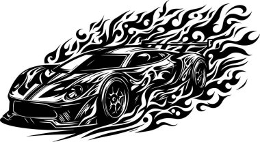 Stylized illustration of a racing car with flames in a dynamic intricate and detailed technical design