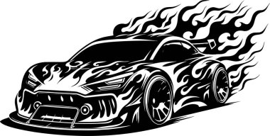 Stylized illustration of a racing car with flames in vector art style