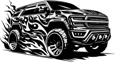 Stylized illustration of a rugged SUV with flame graphics in a technical vector art style