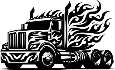 Stylized illustration of a semi-truck with flame designs in a technical vector art style