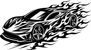 Stylized illustration of a sports car with flame graphics in vector art style