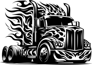 Stylized illustration of a semi-truck with flame patterns in a technical vector art style