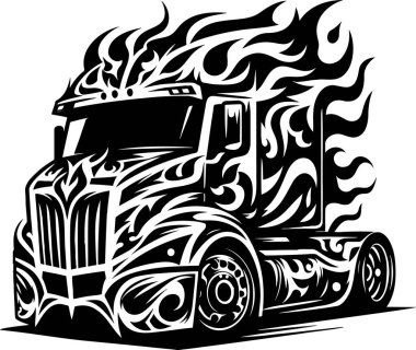 Stylized illustration of a semi-truck with flame patterns