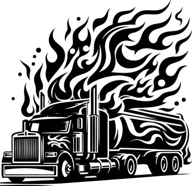 Stylized vector illustration of a tanker truck with dynamic flame elements in a technical graphic art style