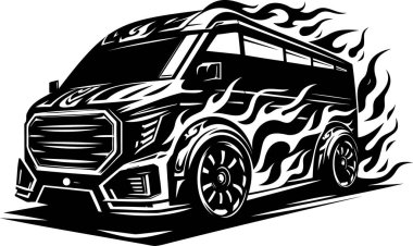 Stylized vector illustration of a van with dynamic flame elements in graphic art style