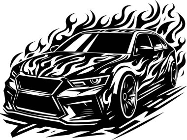 Aggressive sports car with flames in dynamic vector art style