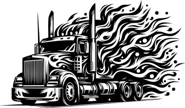 Detailed Illustration of a Semi-Truck with Flames and Smoke Design