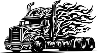 Flaming Semi Truck Illustration with Detailed Line Art