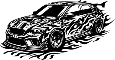 High-speed racing car with dynamic flame patterns illustration