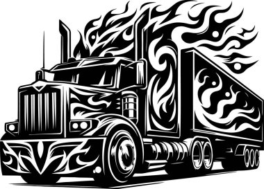 Stylized freight truck with flame graphics in technical vector illustration