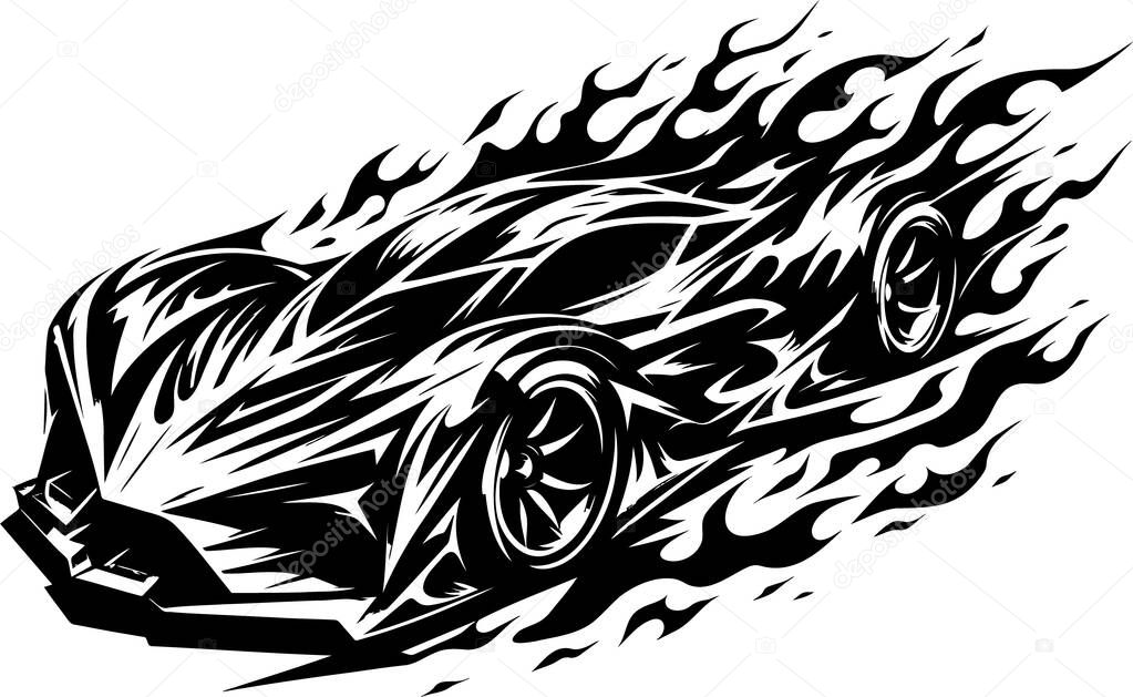 The image depicts a stylized illustration of a racing car engulfed in flames, rendered in a dynamic and technical design. The car is shown in motion, with flames trailing behind it, emphasizing speed and power. The intricate details and sharp lines o